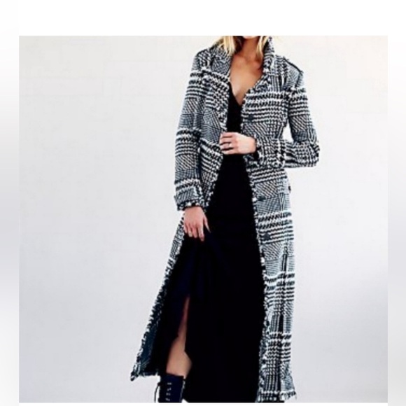 Free People Jackets & Blazers - Free People Black and White Houndstooth Wool-Blend Raw Edge Long Coat